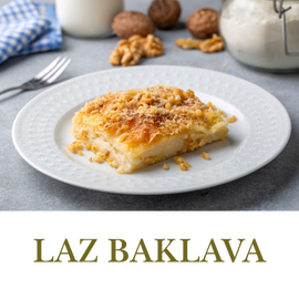 Laz Baklava is a twist on classic baklava, filled with custard-like cream and layered with flaky pastry, offering a soft, rich texture.