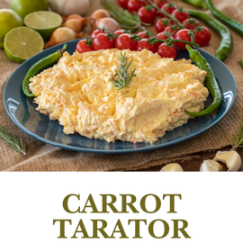Carrot Tarator is a creamy blend of grated carrots, garlic, and yogurt, seasoned with a hint of olive oil and spices.