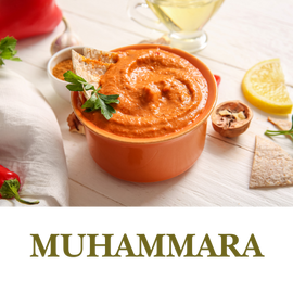 Muhammara is a rich, slightly spicy dip made from roasted red peppers, walnuts, and breadcrumbs, infused with olive oil and spices.
