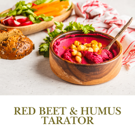 Red Beet Humus Tarator combines the earthiness of beets with the creaminess of hummus, offering a vibrant color and unique flavor.
